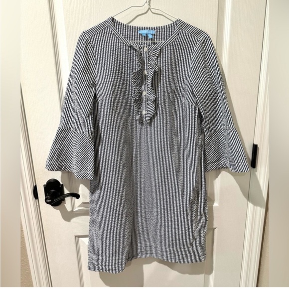 Draper James Blue and White Striped Seersucker Button Up Ruffle Sheath Dress - Picture 3 of 9